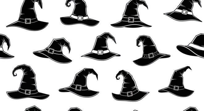 Seamless Pattern of Black Witch Hats on White Background, Halloween Theme