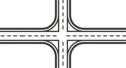 Fototapeta premium Intersection of four roads with curved corners and dashed markings illustration