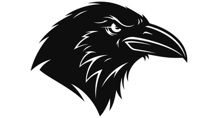 Fototapeta premium Stylized black raven head graphic illustration with sharp beak and detailed feathers on a clean white background for logo or emblem use