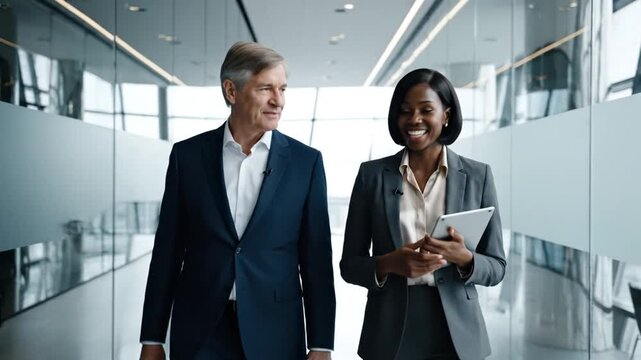 Multiracial business partners discussing work in modern office corridor