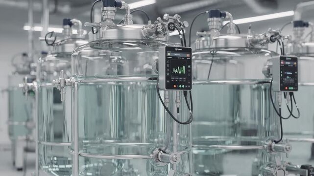 Medium shot of advanced biobased monomer feedstock containers with detailed monitoring systems emphasizing innovative storage solutions for sustainable rubber alternatives.
