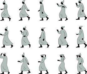 Obraz premium Traditional ancient middle eastern man character silhouette set in various walking and gesturing poses for historical animation and graphic design projects