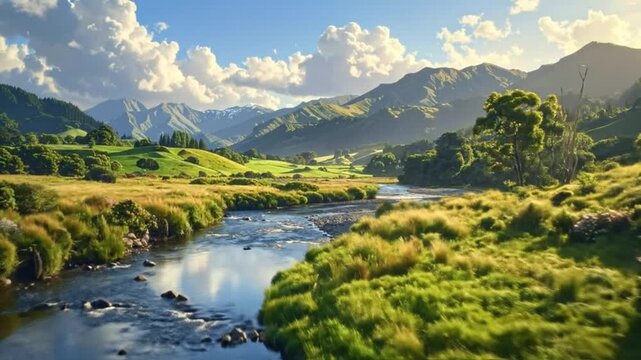 A serene landscape featuring a winding river, lush green hills, and a bright blue sky with f clouds.