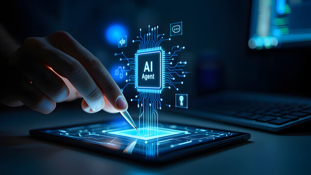 AI Agent Integration: A hand interacts with an AI agent interface, suggesting the future of smart technology. The image is an abstract representation of intelligent processing.