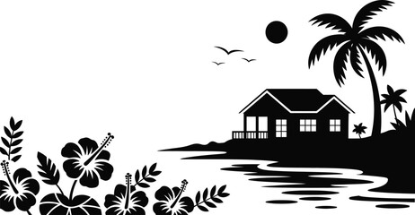 Tropical island bungalow with palm trees and flowers by sea, silhouette © MOSTLAKI