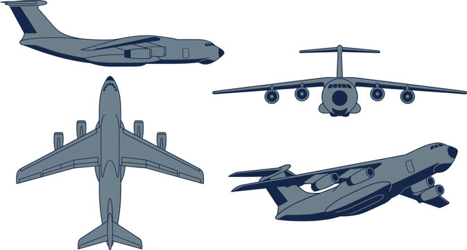 Generic large transport aircraft with high wing cargo plane four engines in slate gray navy blue for logistics aviation branding design