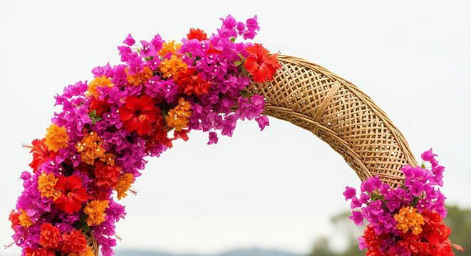 Flores de Mayo, A minimalist composition of a traditional bamboo arch (Arko) lavishly decorated with vibrant bougainvillea and hibiscus flowers