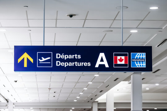 Montreal, Canada - August 25, 2025: Departures sign for international flights in terminal A at Montreal Trudeau International Airport
