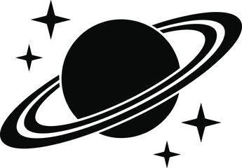 Black planet Saturn silhouette with rings and stars vector graphic isolated on checkered background © MOSTLAKI