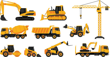 Heavy construction machinery vehicles with excavator bulldozer dump truck crane in construction yellow black caution orange for industrial equipment branding design © Madhuka Disanayaka