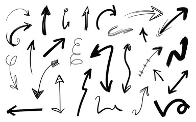 Set of black hand drawn doodle arrows on transparent background for design elements collection of various sketch pointing signs