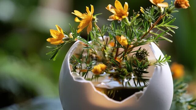 A Creative Floral Arrangement: Fresh Yellow Flowers and Greenery Thriving in an Eggshell Planter, Symbolizing New Beginnings and Nature's Beauty