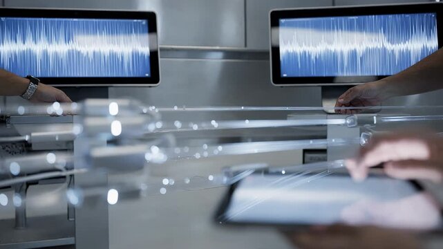 Medium shot showing wireless smart sensors attached to fiber strands transmitting live monitoring information to nearby tablets for process optimization.