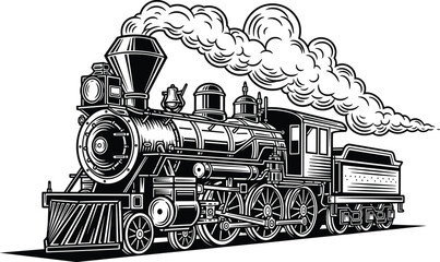 Detailed vintage steam locomotive silhouette, black and white artwork, historical train design, industrial transportation illustration, classic railway engine drawing © Fenshi