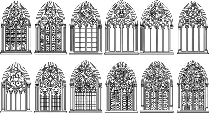 Collection of Gothic stained glass window silhouettes, ornate tracery artwork, cathedral design illustration, medieval architecture decorative pattern set