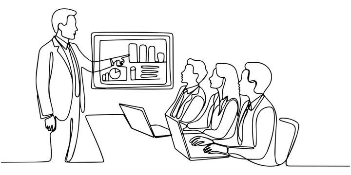 continuous one line drawing Vector illustration of business team meeting with presentation