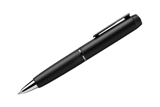 Black modern metal ballpoint pen isolated on a transparent background, depicting writing and business tools with copy space