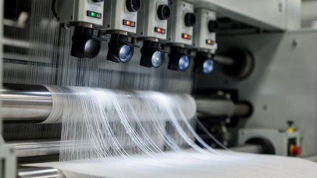 Medium shot showcasing inline cameras capturing highresolution images of fiber fineness and detecting defects during automated textile processing.
