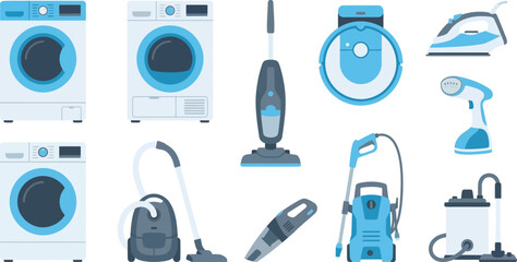 Laundry home cleaning appliances with washing machine dryer vacuum cleaner robot vacuum in sky blue white slate gray for household cleaning branding design © Madhuka Disanayaka