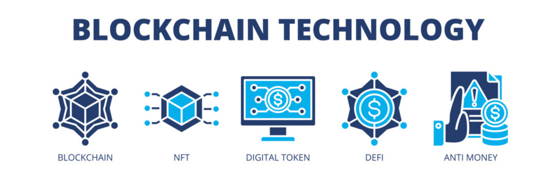 Blockchain Technology web banner icon vector illustration concept for decentralized finance with icons of blockchain, NFT, digital tokens, DeFi and anti-money laundering.