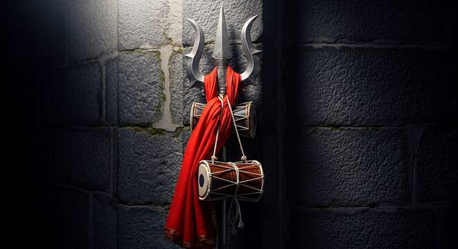 Kalashtami A traditional iron trishula (trident) adorned with a sacred red cloth and a small wooden damru drum