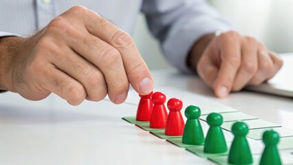 A person arranges red and green game pawns on paper sheets, suggesting planning, strategy, or decision-making.