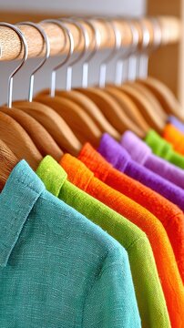A vibrant collection of teal, lime green, orange, and purple linen shirts hangs neatly on wooden hangers. Organized on a wooden rod, the bright textiles fill a tidy wardrobe or store display