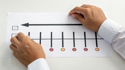A person marking a checkbox on a paper with a horizontal timeline and colored dots, symbolizing planning, progress tracking, or task completion.