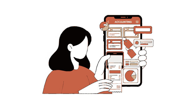 Woman interacts with smartphone displaying various app screens and icons on screen