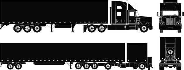 Semi truck with trailer silhouette vector showing side, front and rear views isolated on white background for transport design