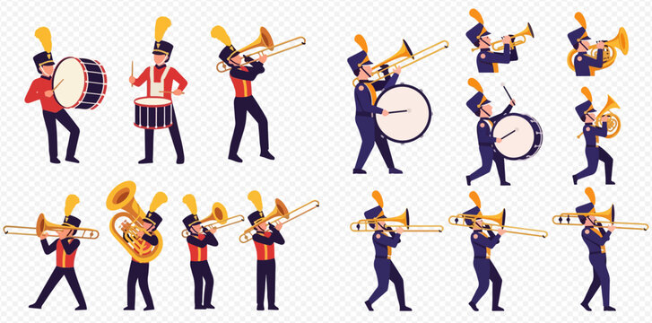 Set of cartoon marching band musicians playing various brass instruments and drums in uniform.
