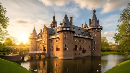 Fototapeta premium Majestic Castle with Towers and Moat.