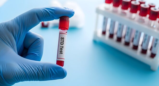 Medical professional holding STD test blood sample vial