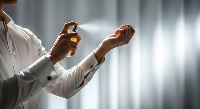 Man applying hand sanitizer on wrist in white shirt