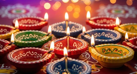 Fototapeta premium Vibrant diyas lit up for Diwali celebration with colorful designs