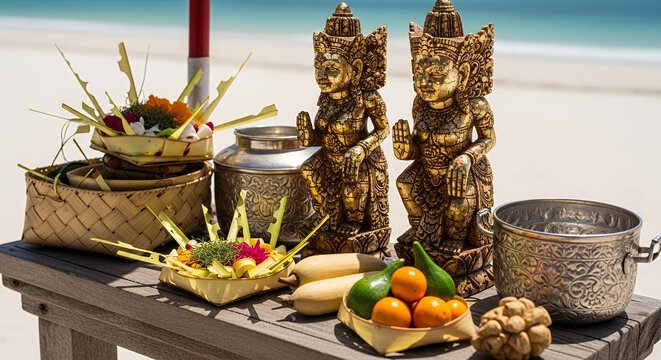 Melasti sacred pratima statues and ceremonial artifacts placed on a wooden altar by the sea, rich textures of aged gold and carved wood contrasting with the soft white sand