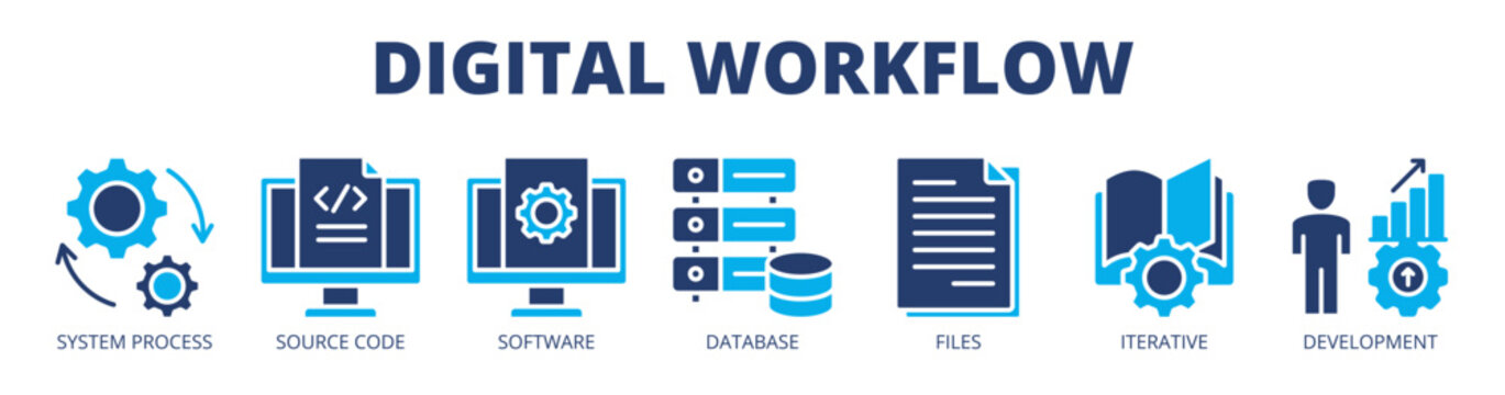 Digital workflow web banner icon vector illustration concept with icon of system process, source code, software, database, files, iterative workflow, and development.