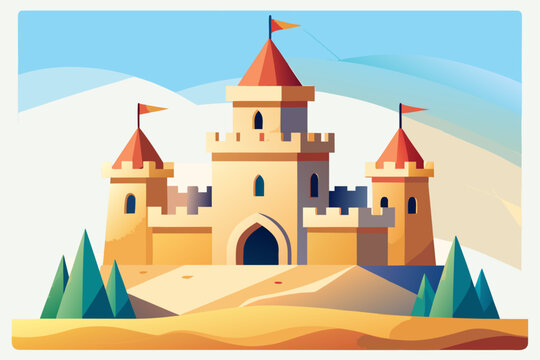 Enchanting medieval castle with red turrets set amidst rolling hills and vibrant blue sky with majestic flags flying