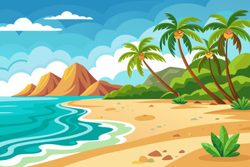 Obraz premium Tropical beach paradise with palm trees, clear blue water, sandy shoreline, and mountainous horizon under a bright sky