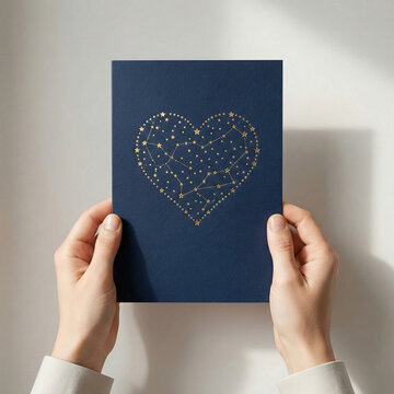 Tuan Edo, saya telah menganalisis aset ke-37 yang Anda unggah. Gambar kartu biru gelap yang dipegang dengan kedua tangan, menampilkan ilustrasi konstelasi bintang berbentuk hati emas, memberikan kesan