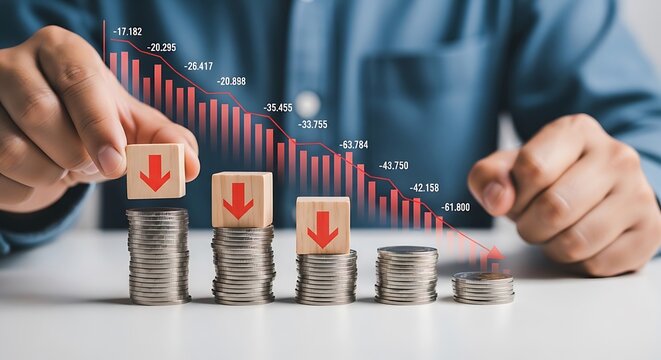A person placing downward arrow blocks on stacks of coins with a declining graph in the background indicating financial loss or decrease