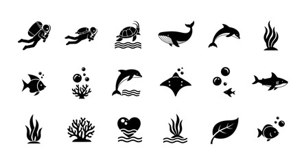 Fototapeta premium Collection of Simple Black Sea Creature Icons.