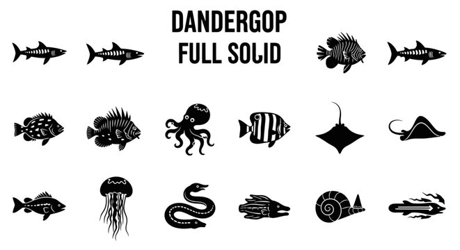 Collection of Various Black Sea Creature Silhouettes.