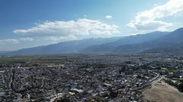Dali City Aerial View with Cangshan Mountains and Valley Landscape