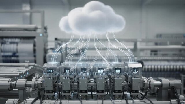 Medium shot of cloudlinked sensorized spinneret blocks illustrating innovative IoT integration for centralized data analysis and smart factory automation in fiber extrusion