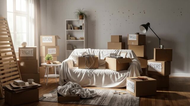 A cozy living room in disarray with boxes and furniture
