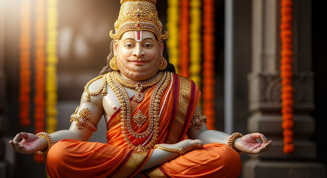 Narasimha Jayanti, A serene close-up of Lord Narasimha in a peaceful Yoga pose, wearing intricate golden jewelry and vibrant orange silk drapes