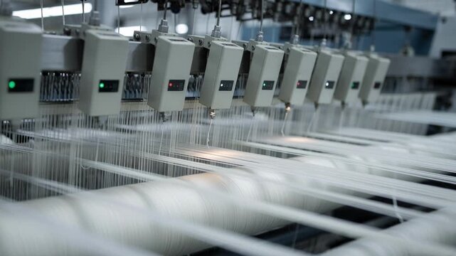 Medium shot of capacitance sensors monitoring yarn thread integrity checking for uniformity and faults as part of advanced online textile inspection technology.