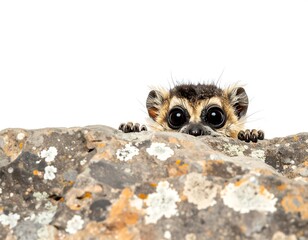 Fototapeta premium Wide-eyed, small primate peers over rock. Eyes focused, fur textured, white background. Rock with lichen in focus