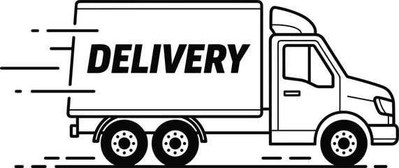 Delivery Truck Line Art Illustration with Fast Shipping Text, Cargo Transport Vehicle for Logistics, Courier Service and E Commerce Distribution Design